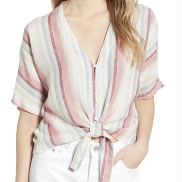 Rails Thea Linen Striped Shirt Womens‎ L Tropic Stripe Metallic Thread Front Tie - Picture 1 of 13